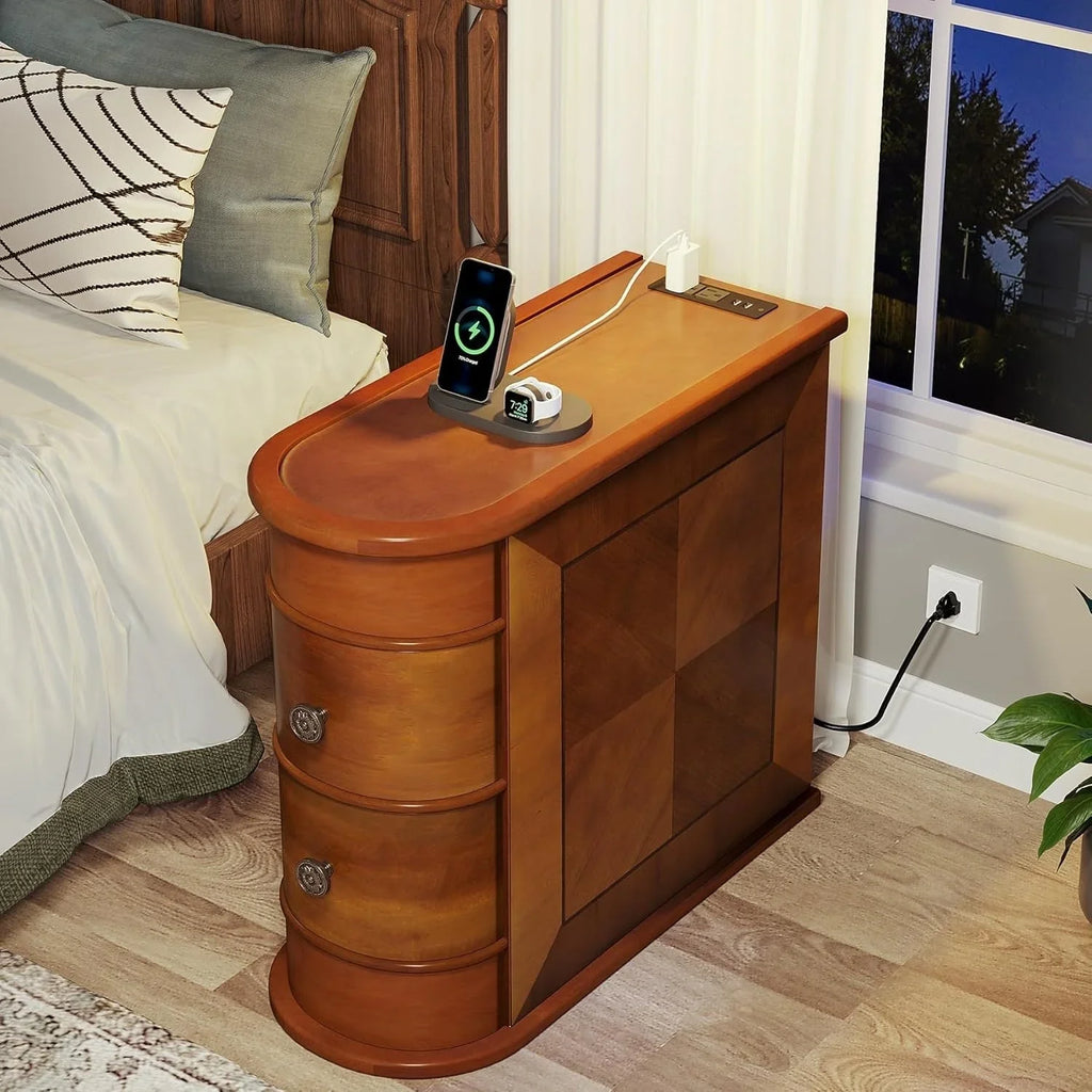 Solid Wood Chairside End Table, Two-Drawer Narrow Side Table Slim