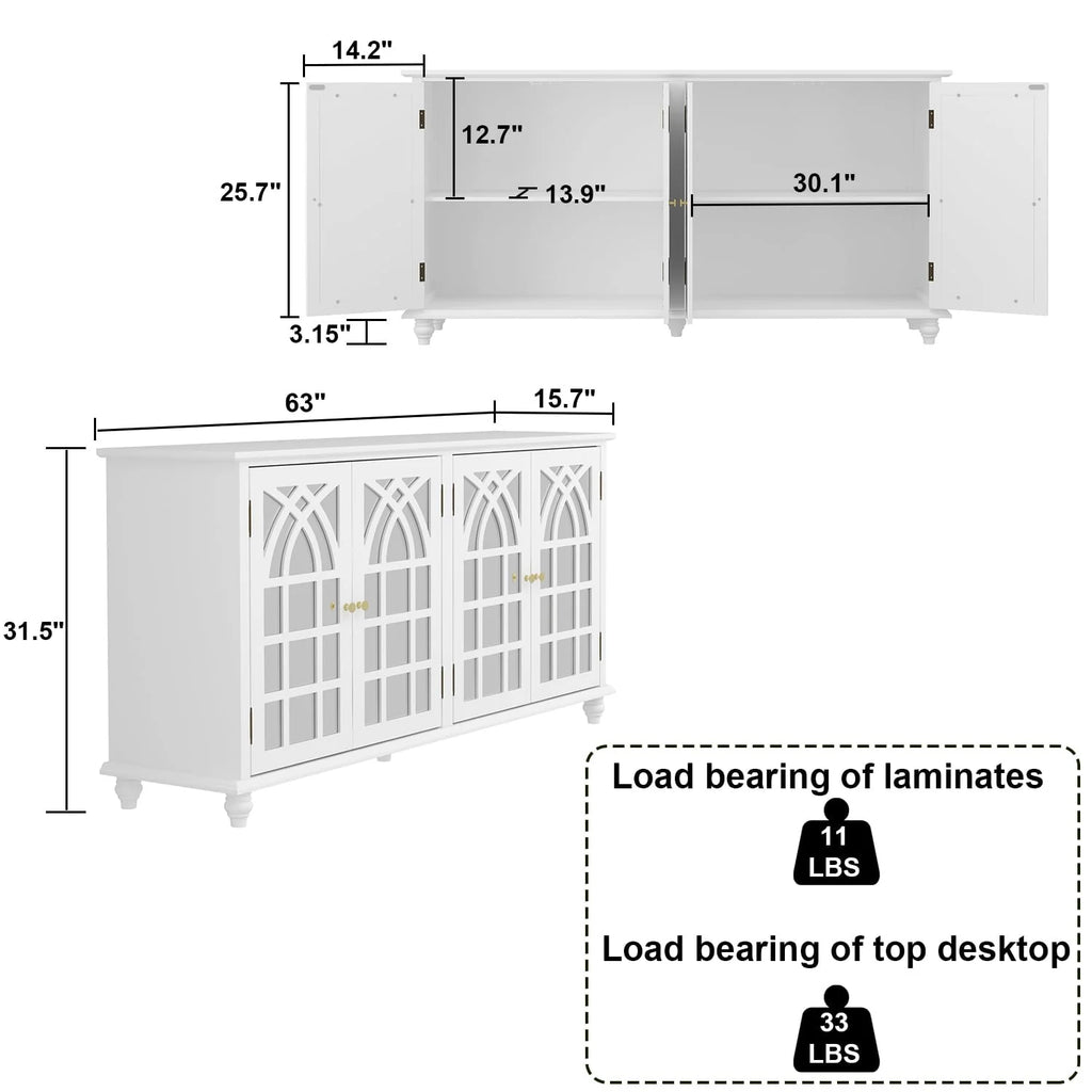 Timechee Buffet Sideboard Accent Table, Console Table Storage Cabinet with Mirror Doors, White