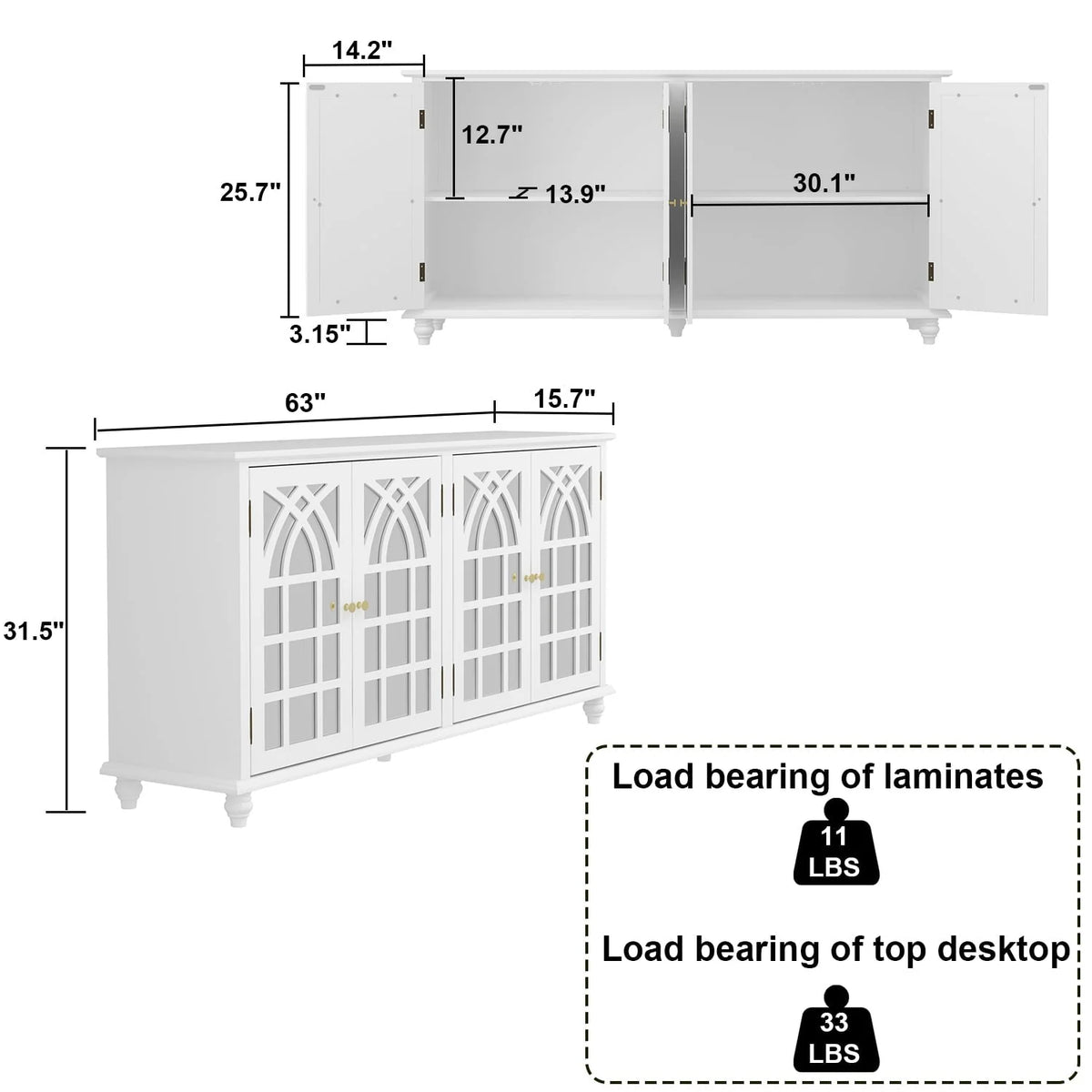 Timechee Buffet Sideboard Accent Table, Console Table Storage Cabinet with Mirror Doors, White