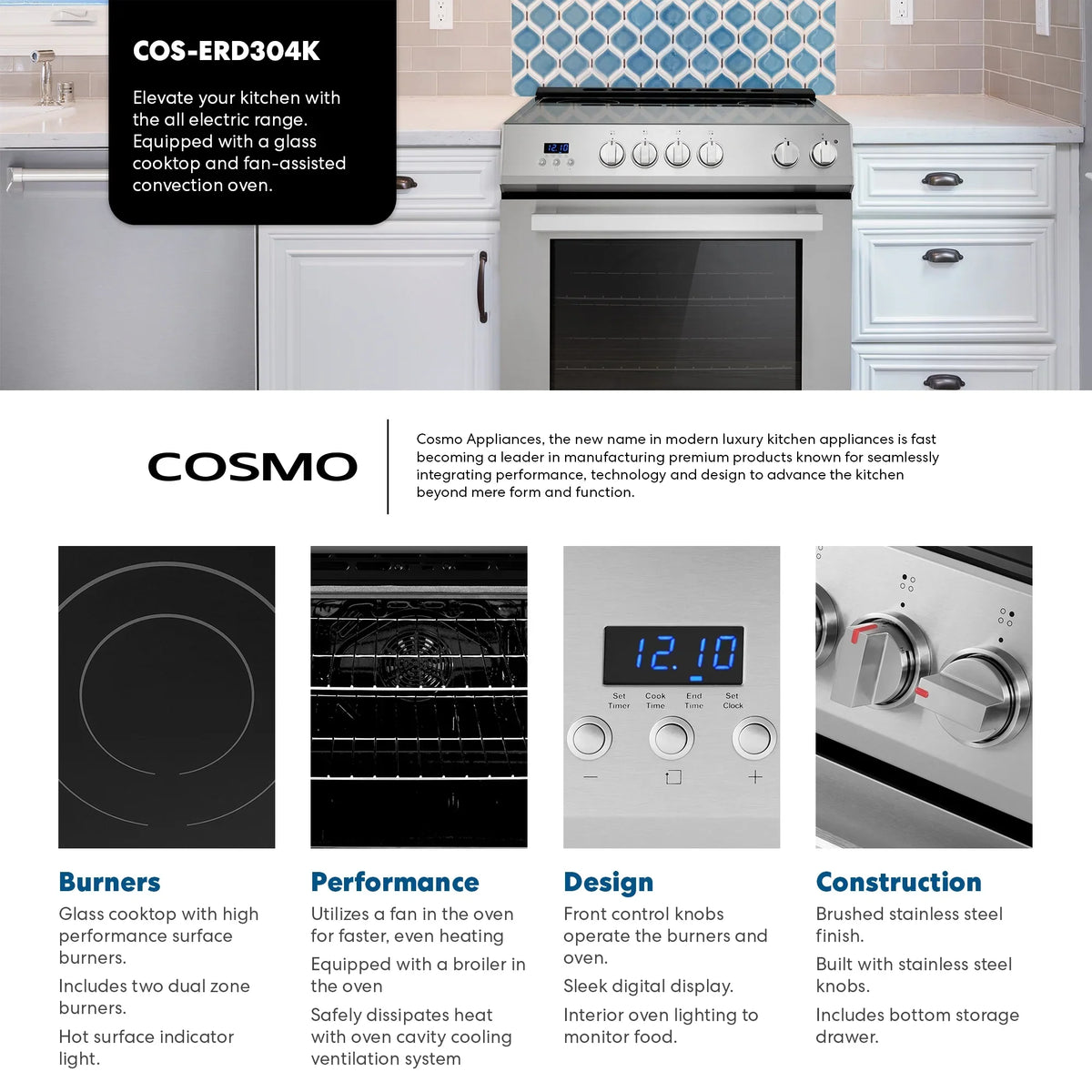 Cosmo 30 in. Stellar Collection 5.0 cu. ft. Electric Range with 4 Burner Glass Cooktop and Convection Oven in Stainless Steel