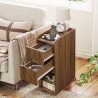 Narrow Nightstand Set of 2 with Drawers, Fluted Slim Side End Table with Storage for Small Spaces