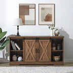 AMERLIFE Fireplace TV Stand with Sliding Barn Door for TVs up to 73", Farmhouse 63" Fireplace Entertainment Center with Storage Cabinets/Adjustable Shelves