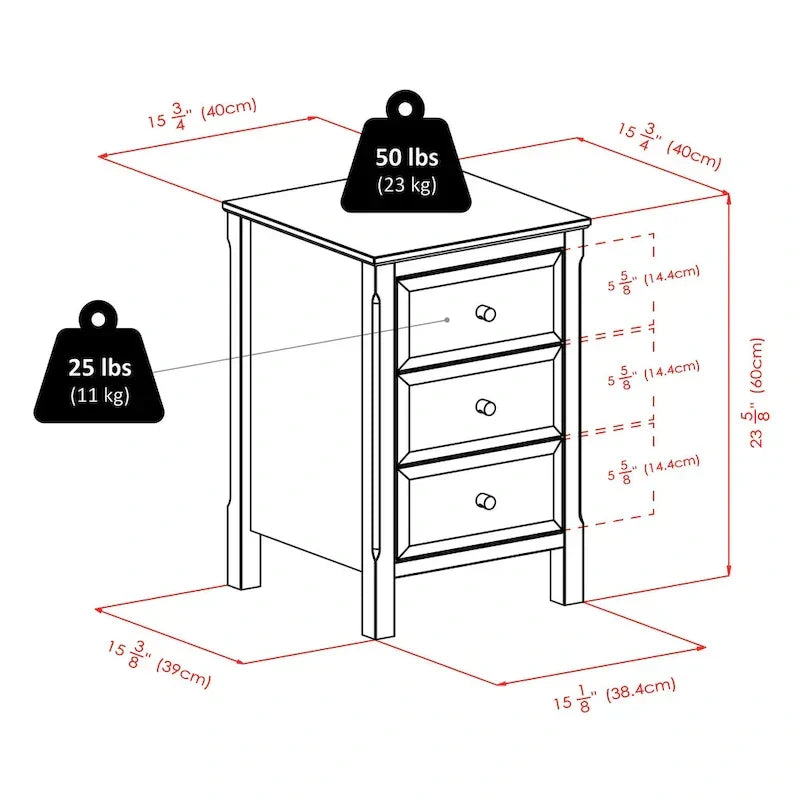 Elegant Black Wooden Nightstand with 3 Generous Storage Drawers - Dimensions: 15.75L x 15.75W x 23.63H