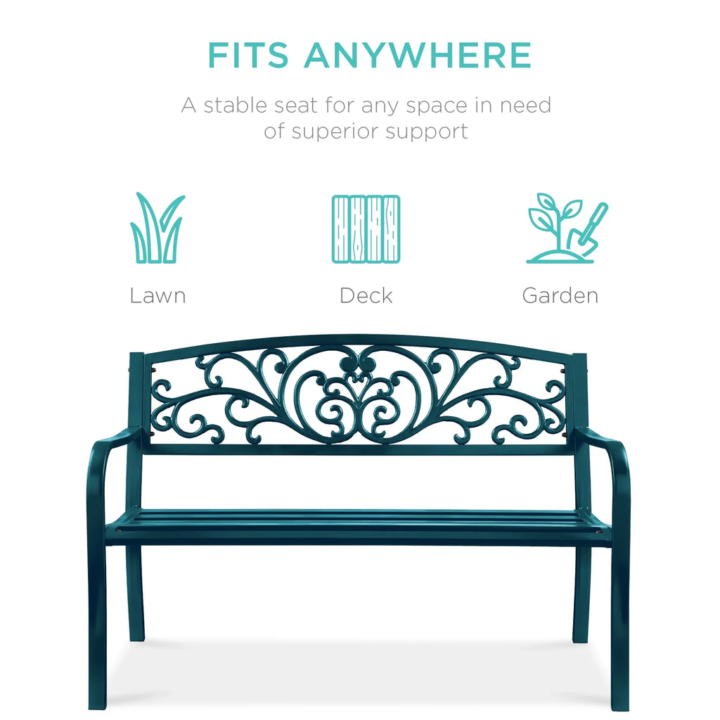 Best Choice Products Outdoor Steel Bench Garden Patio Porch Furniture W/ Floral Design Backrest - Black