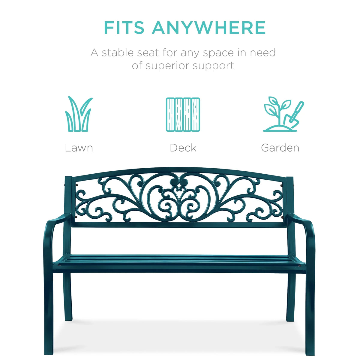 Best Choice Products Outdoor Steel Bench Garden Patio Porch Furniture W/ Floral Design Backrest - Black