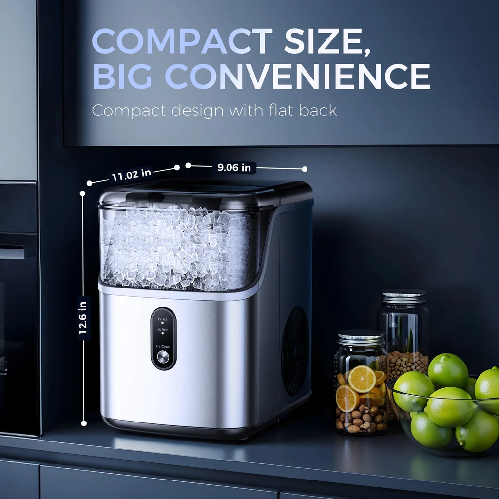 Simzlife Nugget Ice Maker Countertops, 35.9 lb per Day Portable Pebble Ice Machine, Crushed Sonic Ice Maker with Soft Chewable Ice for Home, Party, RV, Camping, Stainless Steel Silver
