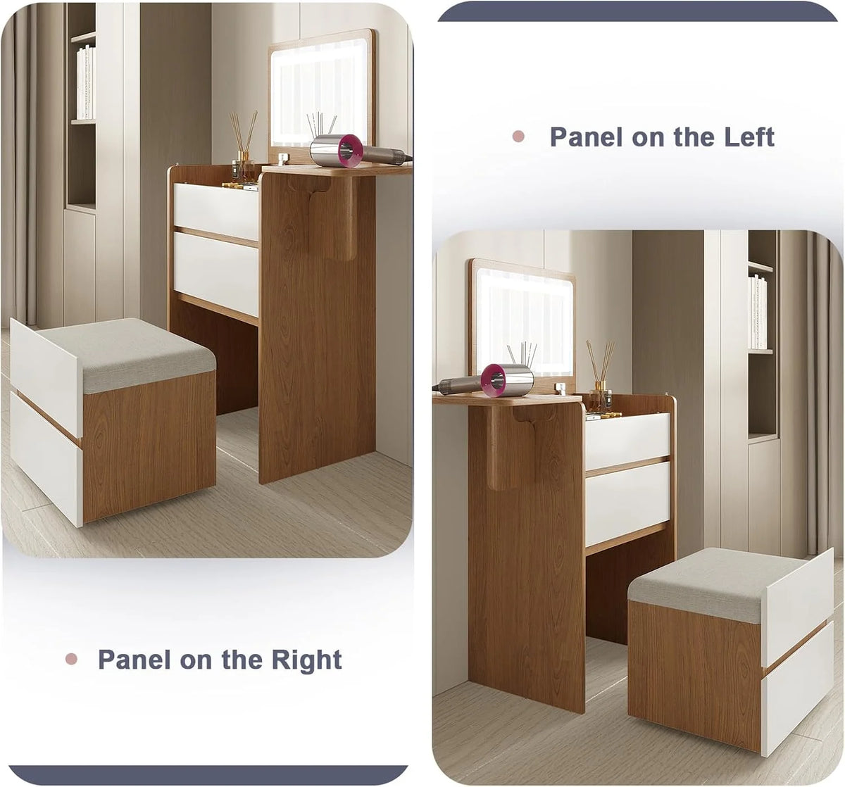 Vanity Desk with Flip Top Lighted Mirror, Compact Makeup Table with Storage Stool, Integrated Vanity with Drawers, 3 - in - 1 Vanity Set, Small Dressing Desk for Bedroom