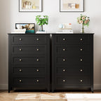 Homhougo Dresser for Bedroom Black with 5 Drawers, Tall Wood Organizer Storage Cabinet with Round Handle, Drawer Dresser for Closet, Living Room, Hallway, Nursery, Kids Bedroom