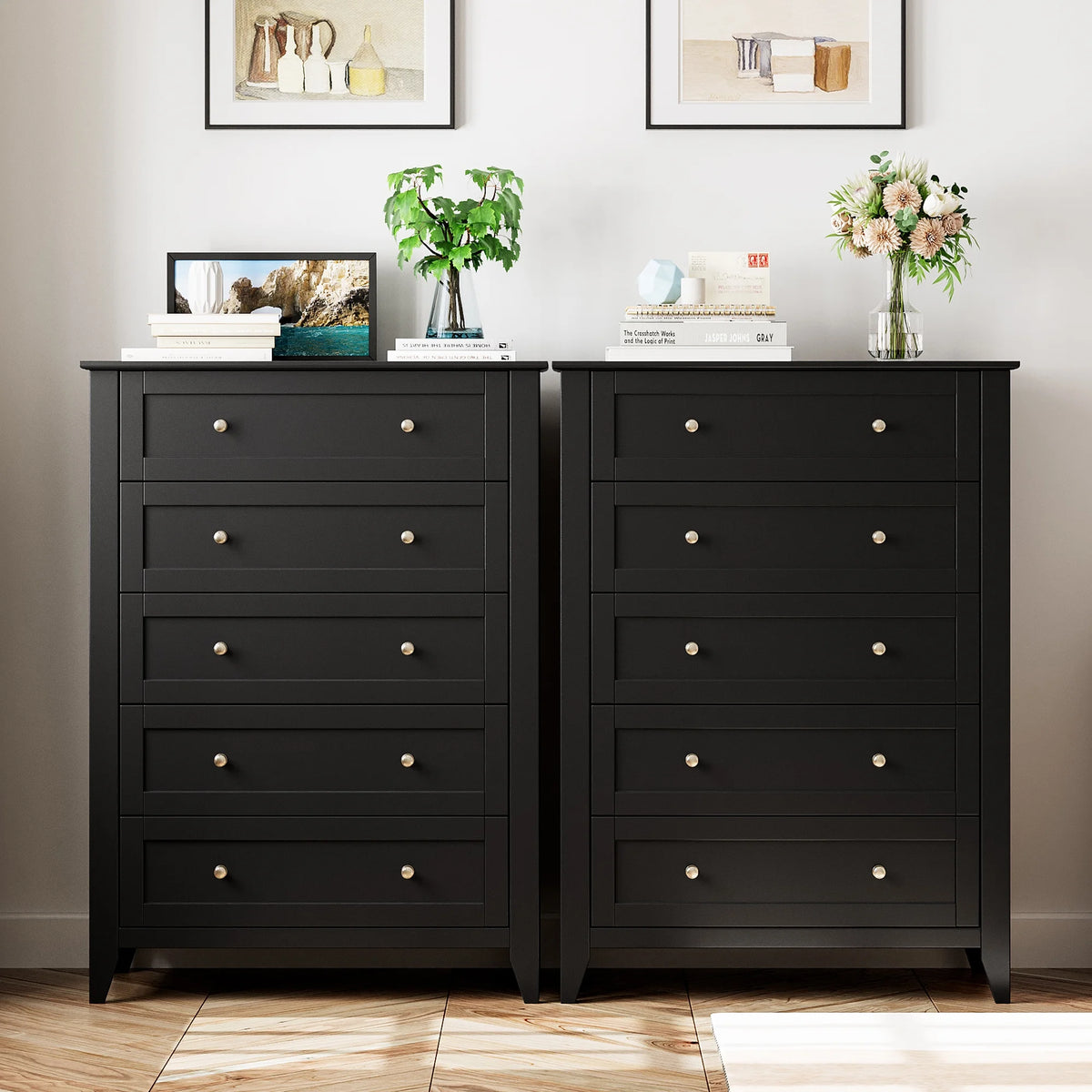 Homhougo Dresser for Bedroom Black with 5 Drawers, Tall Wood Organizer Storage Cabinet with Round Handle, Drawer Dresser for Closet, Living Room, Hallway, Nursery, Kids Bedroom