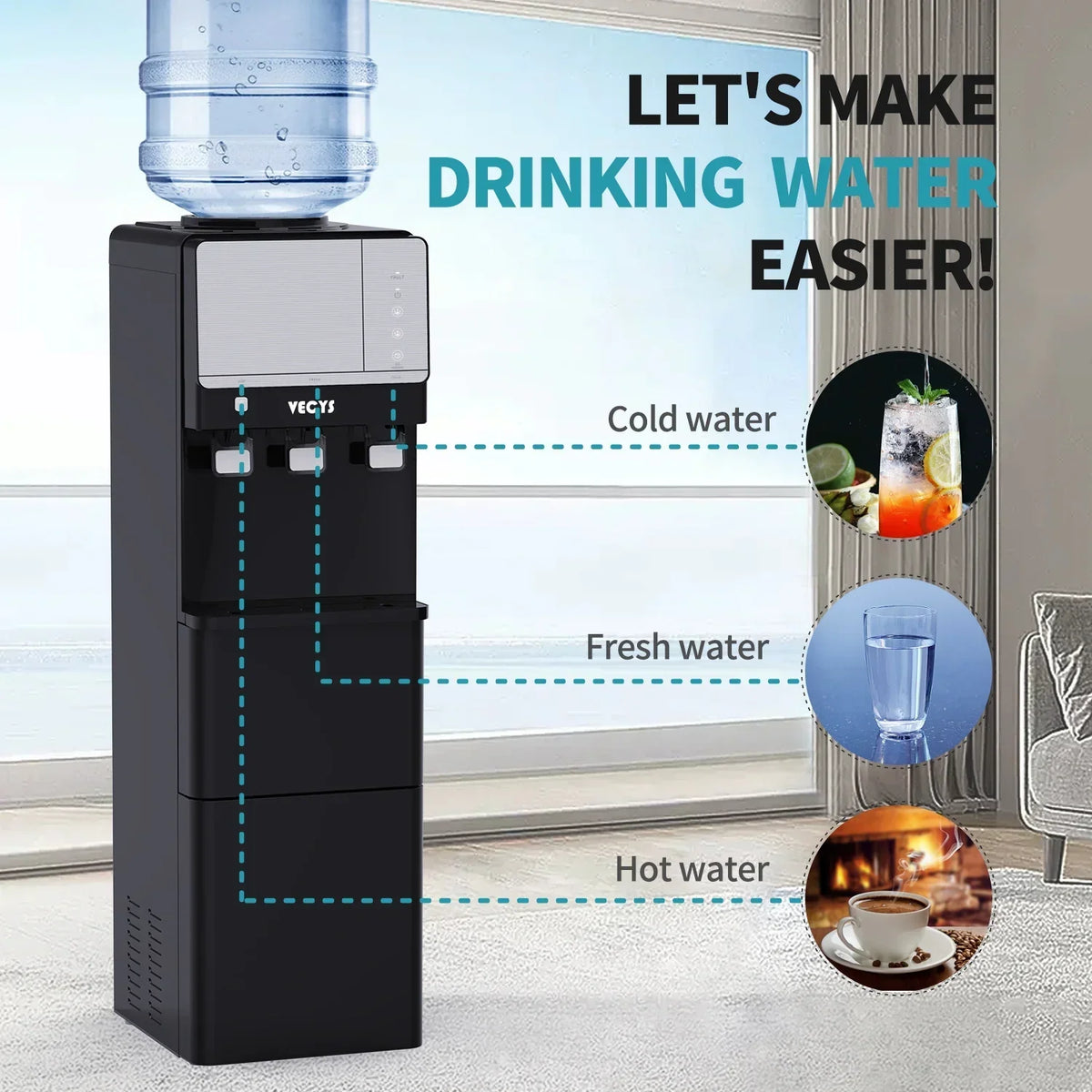 VECYS 3 5 gal Water Dispenser with Ice Maker, 27LBS Daily Ice & Child Lock