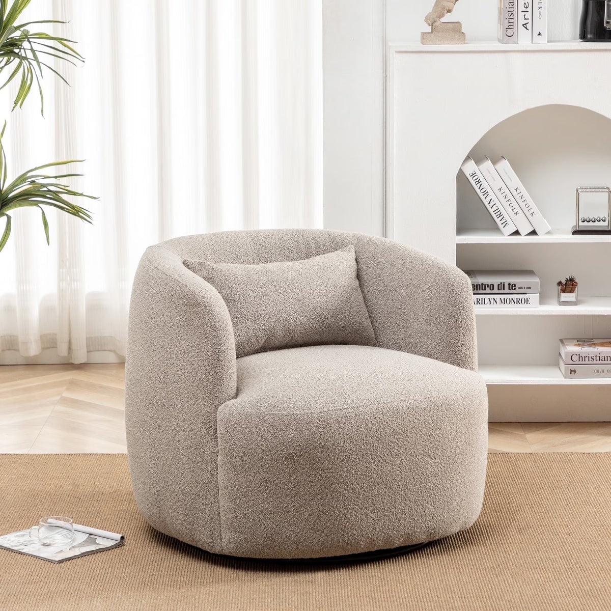 34" Wide Boucle Swivel Barrel Chair, No Assembly Round Upholstered Armchair Accent Chair Single Sofa Chair with Toss Pillow for Living Room and Bedroom, Taupe