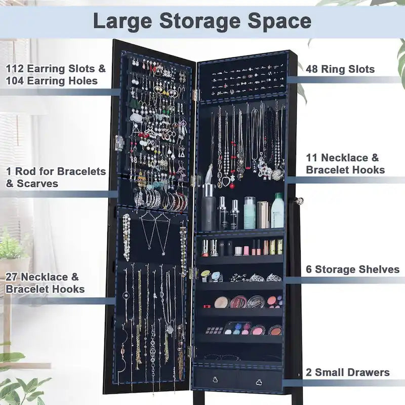 Elegant Mirrored Jewelry Cabinet with Drawers and Hooks - Dimensions: 18 x 14.5 x 61.5 inches