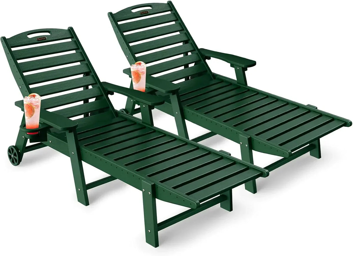 Lounge Chair Outdoor, Chaise Lounge, HDPE 6-Position Outdoor Chaise Lounge, Patio Lounge Chair with Wheels & Cup Holder for Pool Poolside Deck Backyard, Teak
