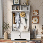 Hall Tree with Upholstered Bench and Coat Rack, Entryway Bench with 3 Hooks, 3 Open Shelves, 2 Drawers & Storage Cabinets, Mudroom Bench with Storage and Hooks for Foyer, Entry Way, Hallway (Beige)