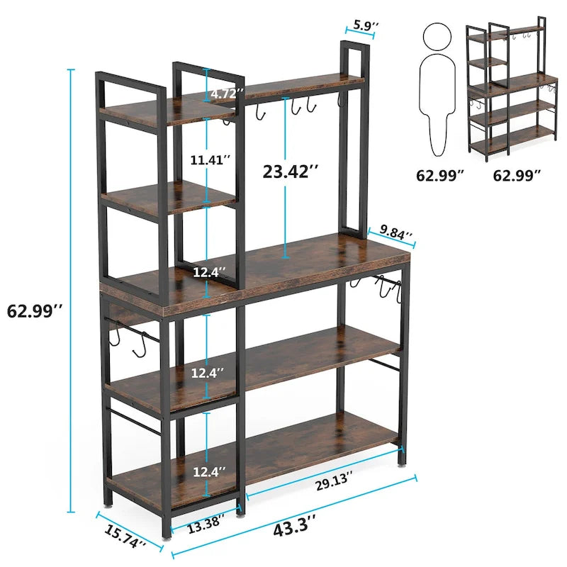 43-Inch Kitchen Bakers Rack with Microwave Stand - 5-Tier Utility Storage Shelf and 10 Hooks for Kitchen and Living Room