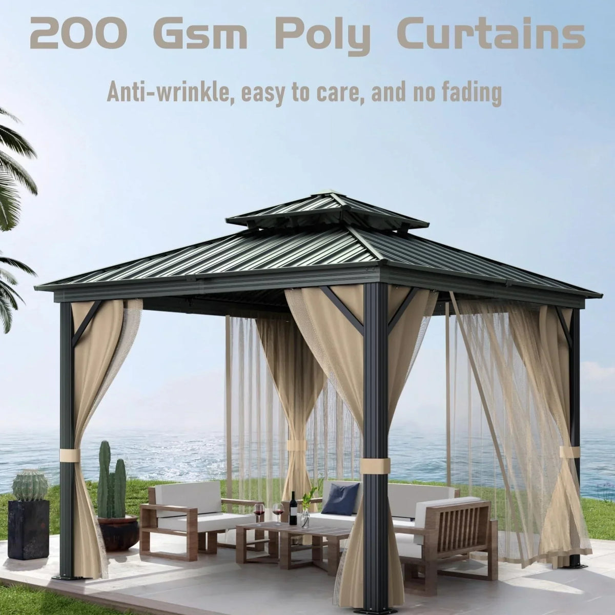 10x10 Hardtop Gazebo with double metal roof, aluminum frame, net, and curtain. All-weather, ideal for patio, deck, garden, backyard. Khaki.