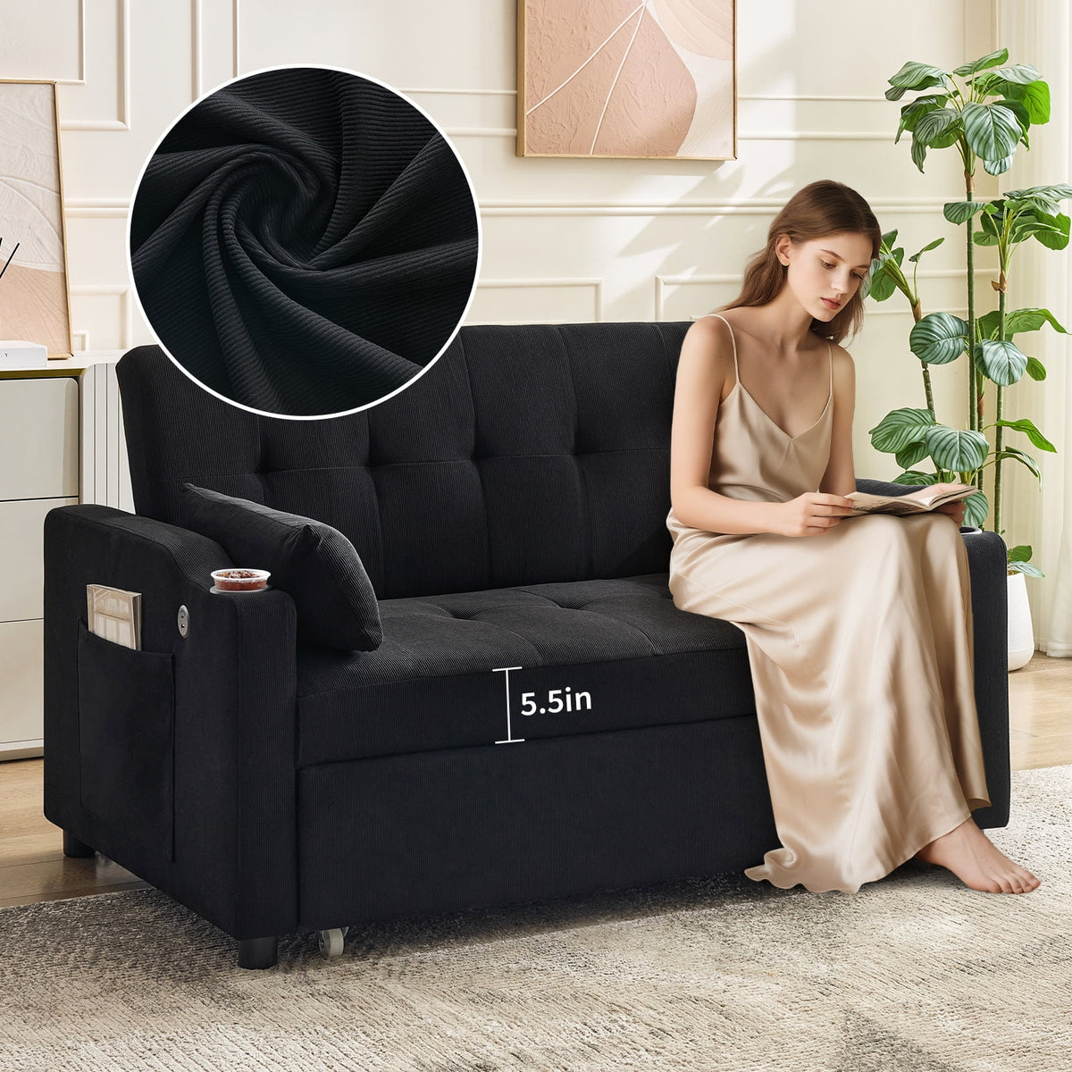 3 in 1 Convertible Sleeper Sofa Bed, Corduroy Futon Couches with Pull - Out Bed, Adjustable Backrest, Charging Port & Side Pockets, Modern Upholstered Sofa for Living Room, Guest Room