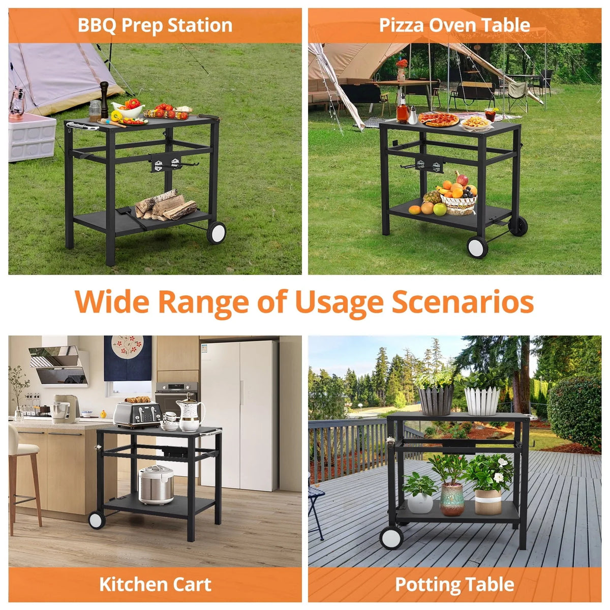 Outdoor Grill Cart Pizza Oven Stand, Double - Shelf Outdoor Movable Dining Cart Table Outdoor with Wheels & Hooks, Side Handle, Stainless Steel Kitchen Work Table Cart for Bar, Patio, Camping(Black)