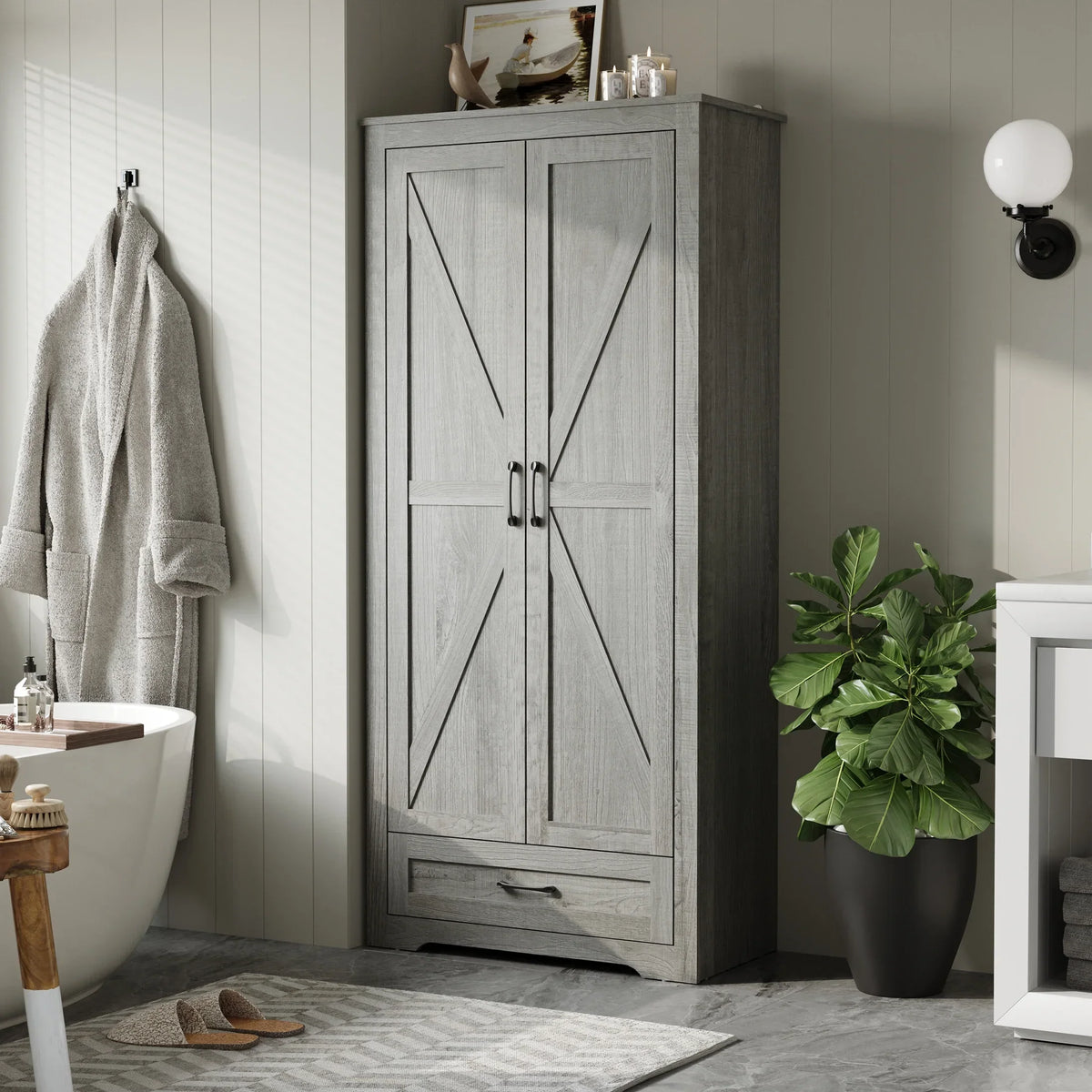 YouTrend 69" Tall Kitchen Pantry,Farmhouse Storage Cabinet with 2 Barn Doors 4 Adjustable Shelves and Large Drawer for Dining Room,Living Room,Bathroom,White