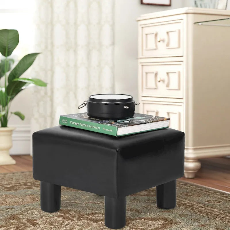 Square Footrest Stool with Upholstered Seat and Wooden Legs
