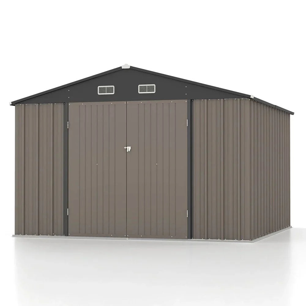 Patiowell 10×10 ft Metal Storage Shed, Sloping Roof, Double Lockable Doors, Galvanized Steel, Coffee Brown