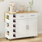 Movable Kitchen Island Cart with 2 Door Cabinet, 2 Drawers and Drop Leaf Top, Island Table with Spice Rack, Towel Holder, Wine Rack and Wheels, Kitchen Storage Cabinet, White