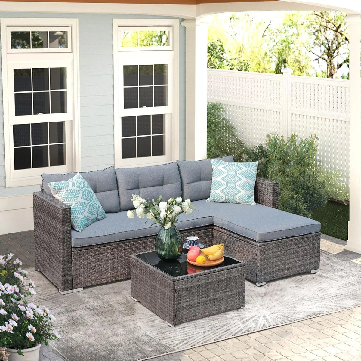 JOIVI 3 Pieces Patio Conversation Set, PE Wicker Rattan Outdoor Furniture Set, 2 Ways Small Sectional Sofa, Tempered Glass Coffee Table, Silver-Gray