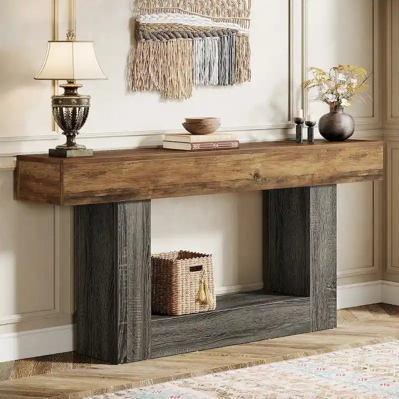 63-Inch Brown and Gray Slim Wooden Console Table for Entryway
