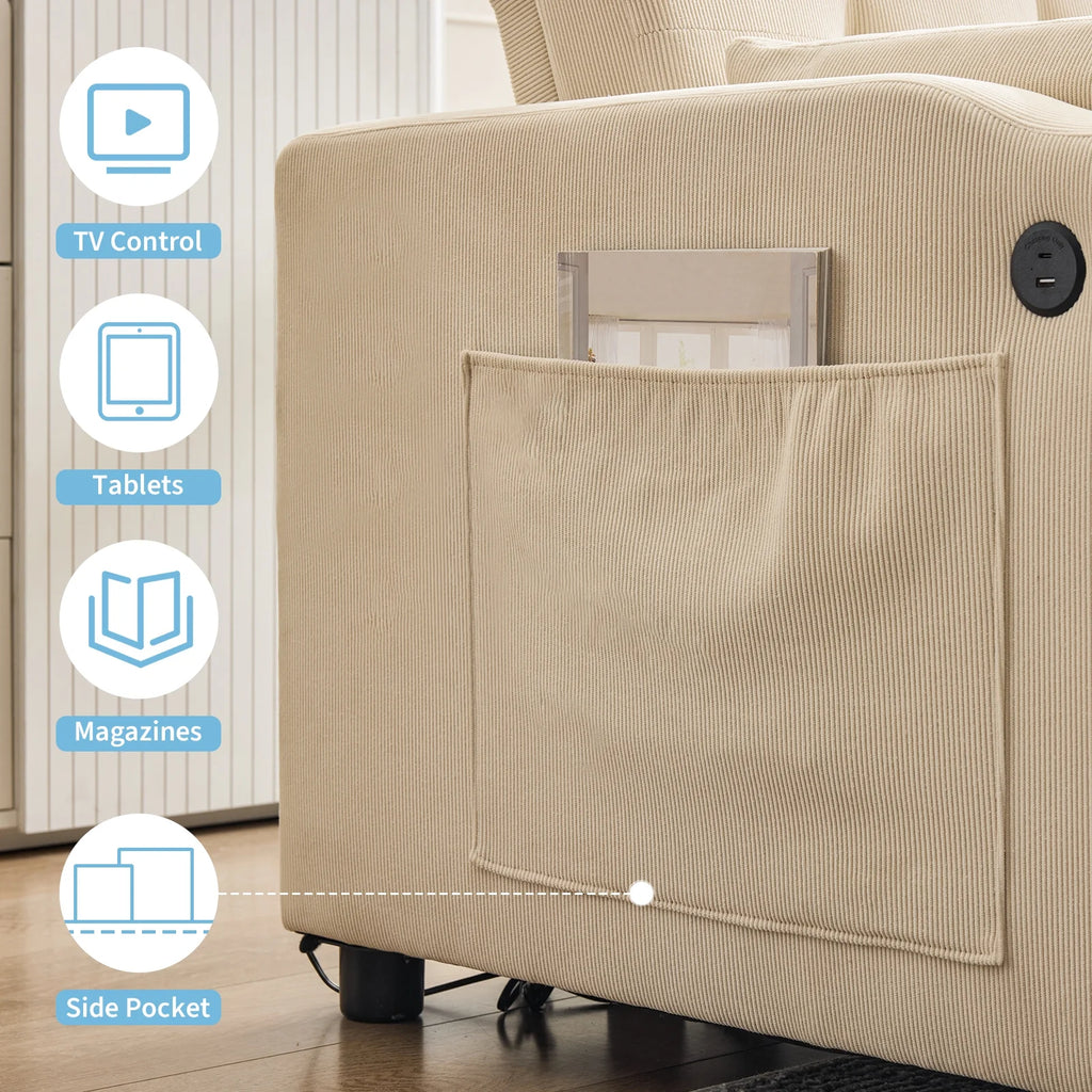 3 in 1 Convertible Sleeper Sofa Bed, Corduroy Futon Couches with Pull - Out Bed, Adjustable Backrest, Charging Port & Side Pockets, Modern Upholstered Sofa for Living Room, Guest Room
