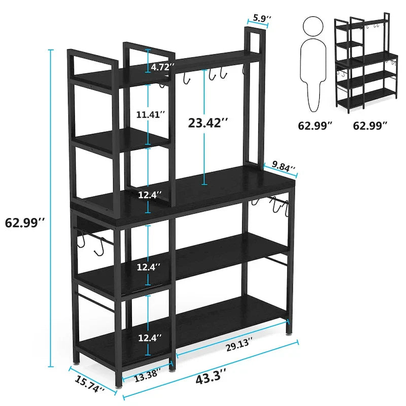 43-Inch Kitchen Bakers Rack with Microwave Stand - 5-Tier Utility Storage Shelf and 10 Hooks for Kitchen and Living Room