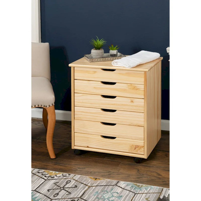 25.25-Inch Natural Brown Wide Rolling Storage Cabinet Featuring 6 Drawers
