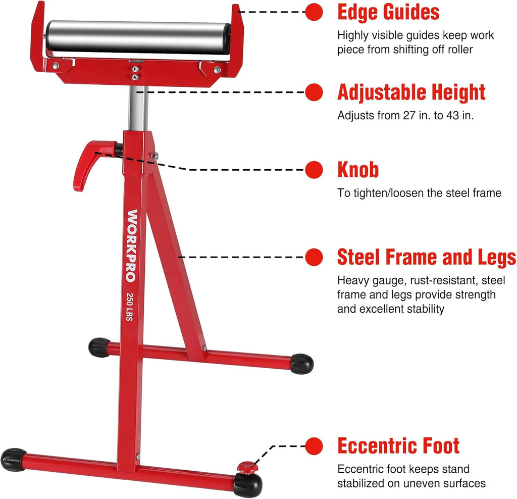 WORKPRO Folding Roller Stand Height Adjustable, Heavy Duty 250 LB Load Capacity, Outfeed Woodworking