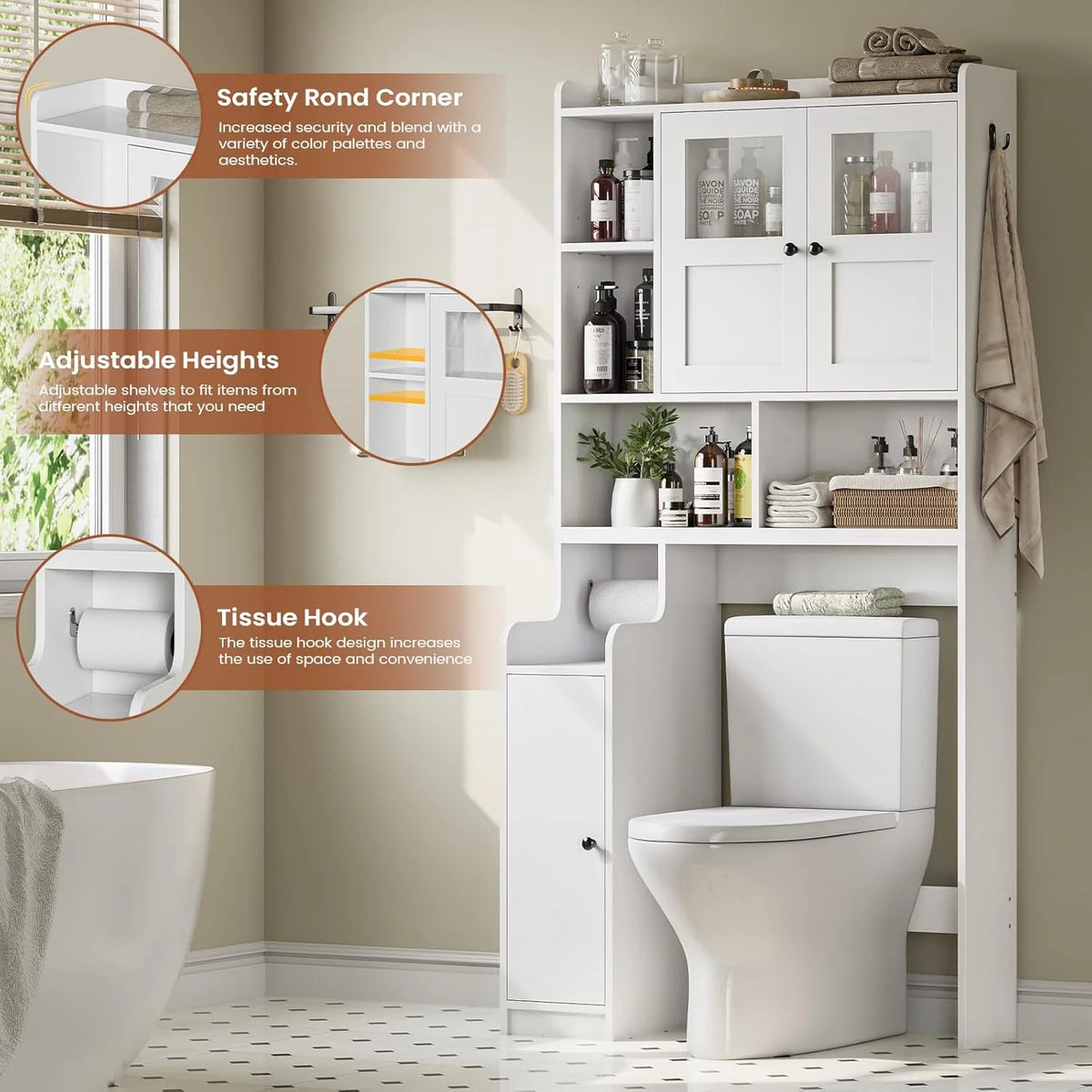 Over the Toilet Storage Cabinet with 3 Doors, Farmhouse Space Saver for Bathroom Organizer with Paper Holder, 10 Shelves and Hooks, 7 - Tier Over Washing Machine Cabinet for Laundry, Bathroom, Natural