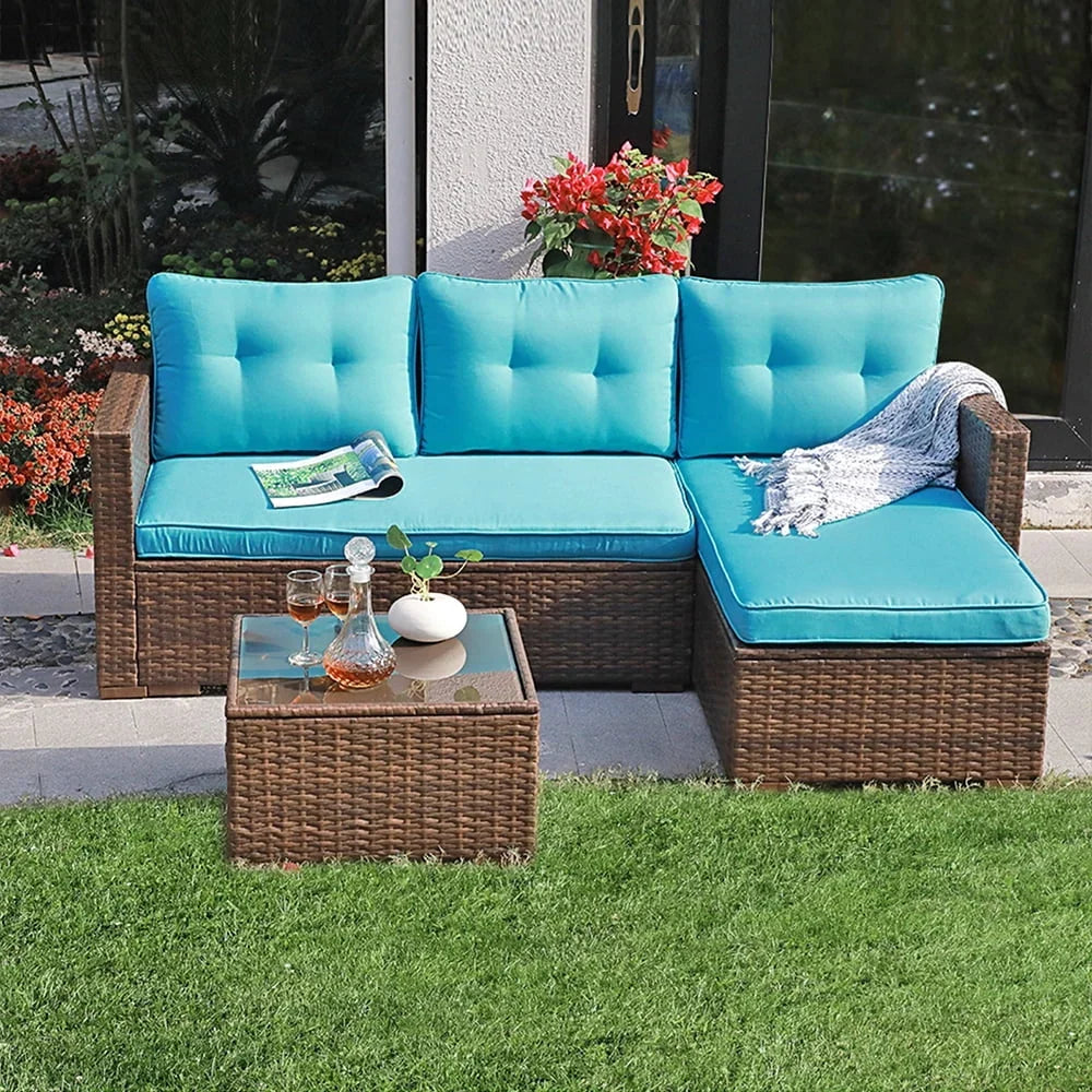 JOIVI 3 Pieces Patio Conversation Set, PE Wicker Rattan Outdoor Furniture Set, 2 Ways Small Sectional Sofa, Tempered Glass Coffee Table, Silver-Gray
