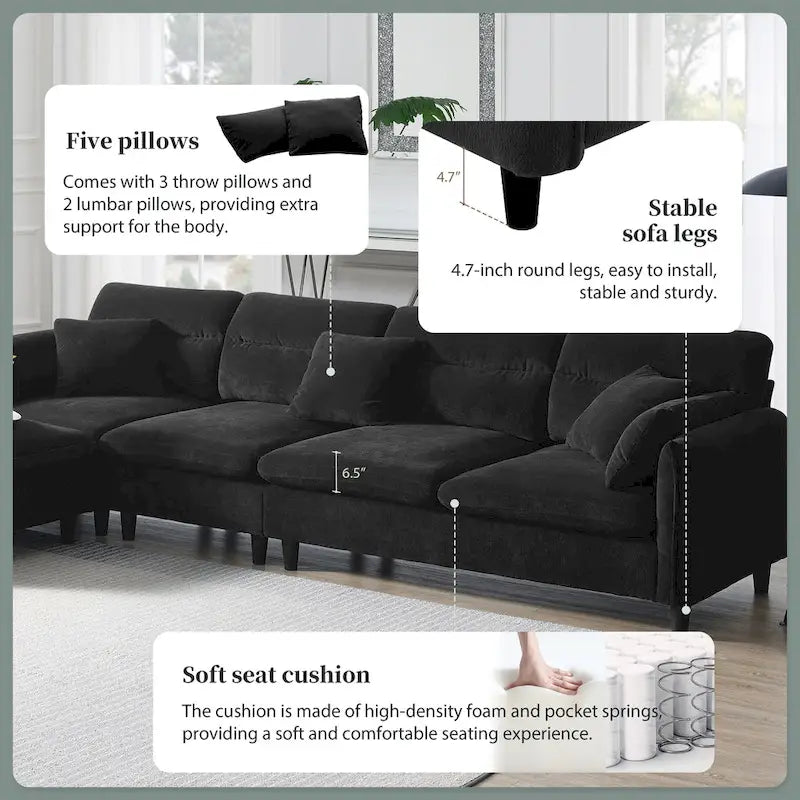 110-Inch L-Shaped 5-Seater Sectional Sofa with Removable Ottoman, Cloud Chenille Fabric, and 5 Cushions