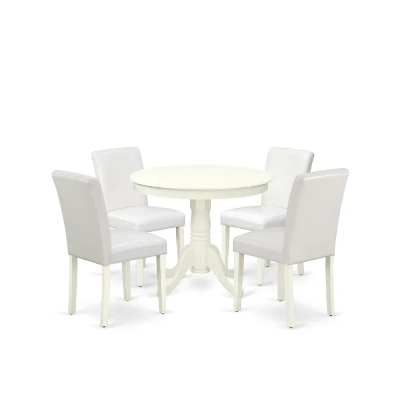 East West Furniture Round Dining Table Set - Kitchen Table with White Faux Leather Parson Chairs in Linen White (Various Piece Options)