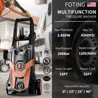 FOTING Electric Pressure Washer, 4500 PSI 3.2 GPM Power Washer with 4 Quick Connect Nozzles, High Pressure Cleaning Machine with Foam Cannon for Cars/Fences/Driveways/Patios/Home Cleaning