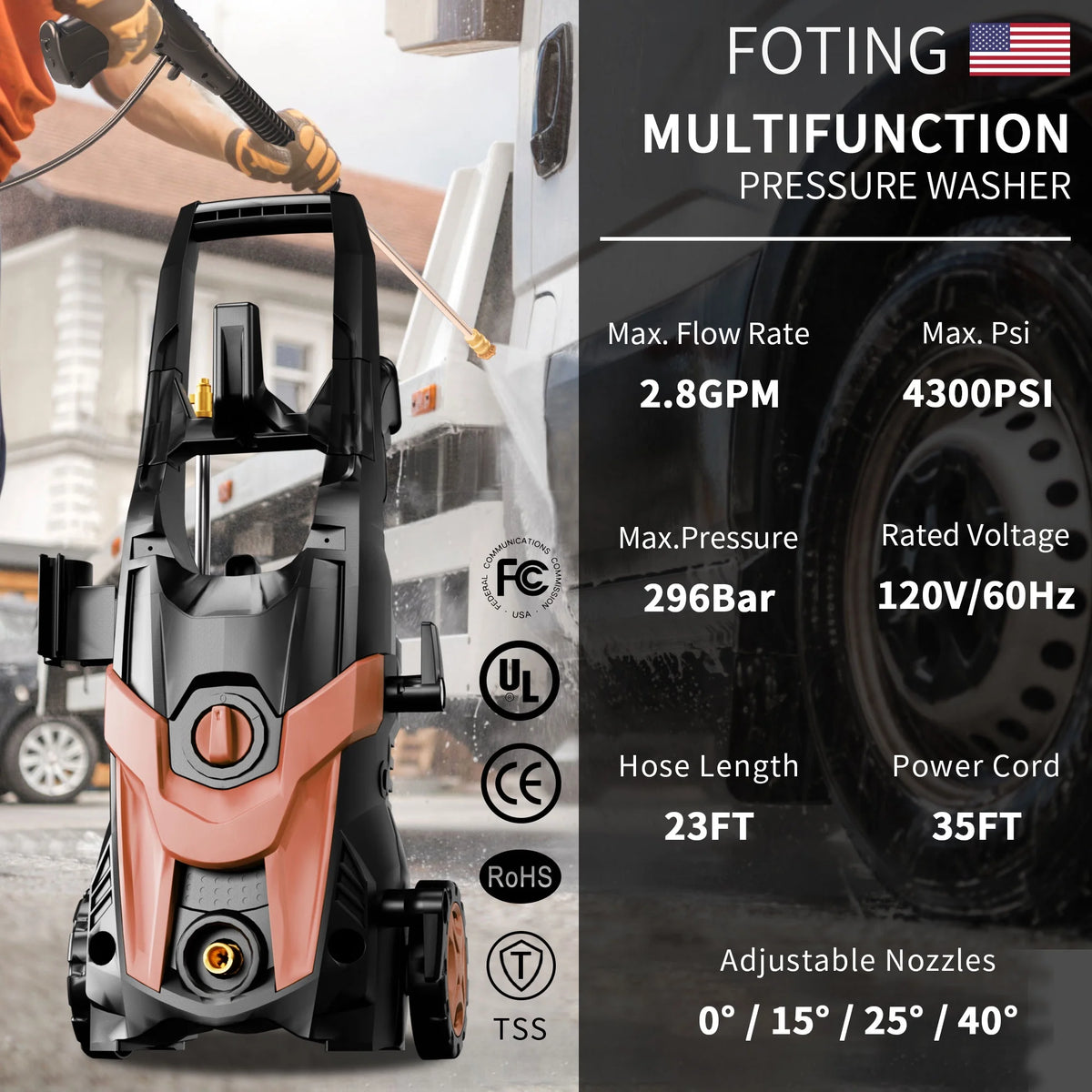 FOTING Electric Pressure Washer, 4500 PSI 3.2 GPM Power Washer with 4 Quick Connect Nozzles, High Pressure Cleaning Machine with Foam Cannon for Cars/Fences/Driveways/Patios/Home Cleaning
