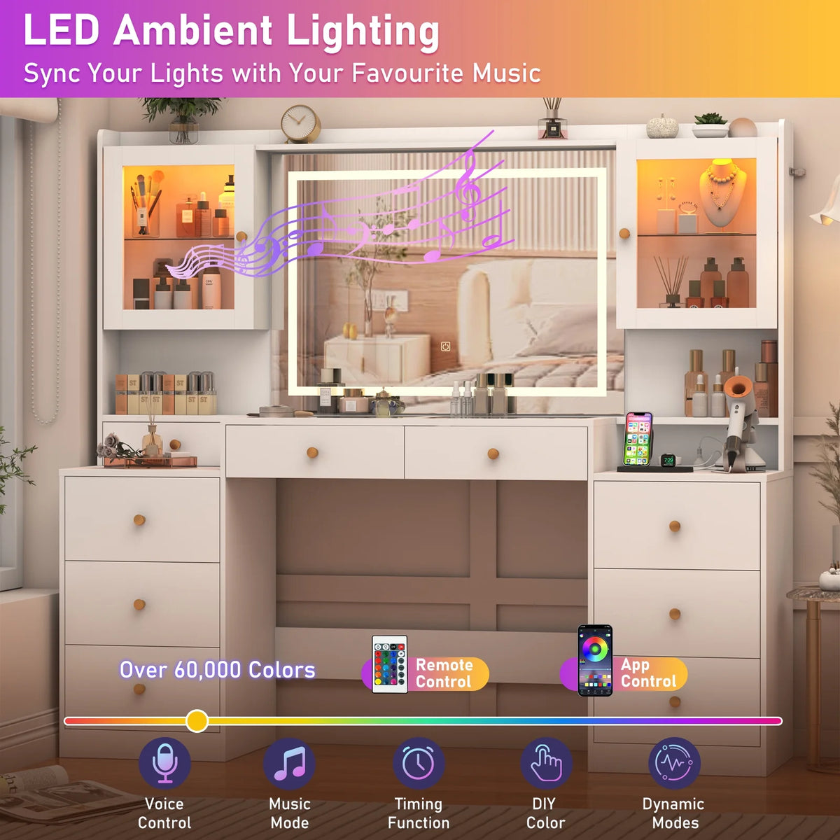 Chvans 62'' Large Vanity Desk with Tempered Glass Top, 60000 - Color LED Lights, Charging Station, White Makeup Vanity with 3 Lights Mode LED Mirror, 9 Drawers, 2 RGB Cabinets for Women, Girls Gift