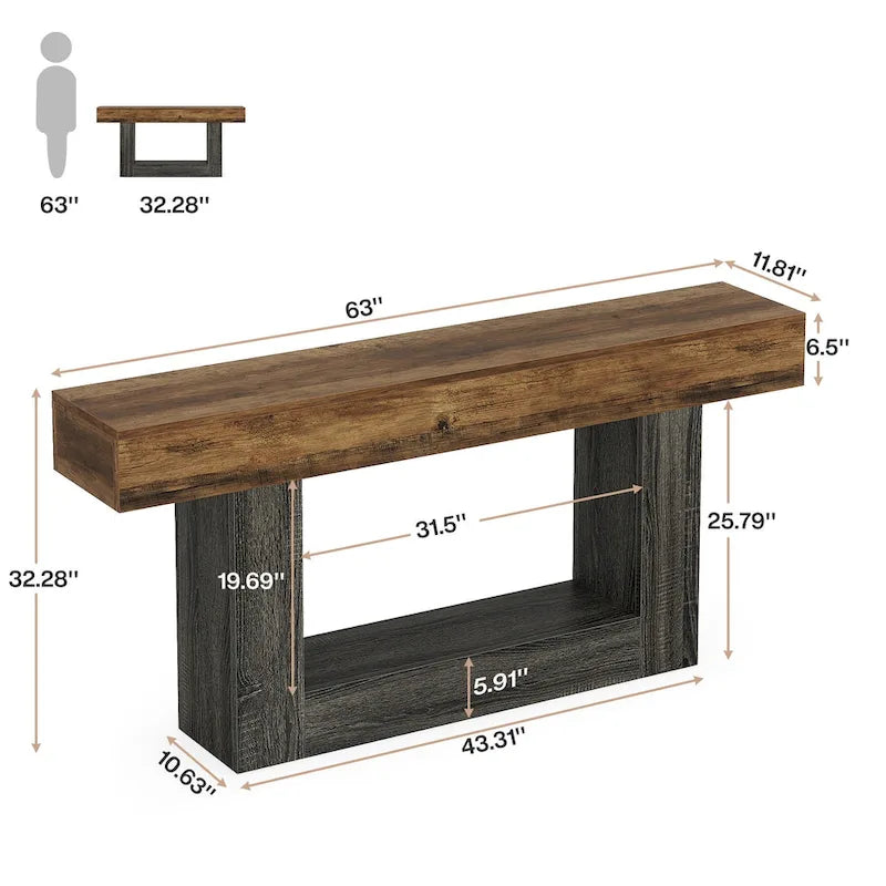 63-Inch Brown and Gray Slim Wooden Console Table for Entryway