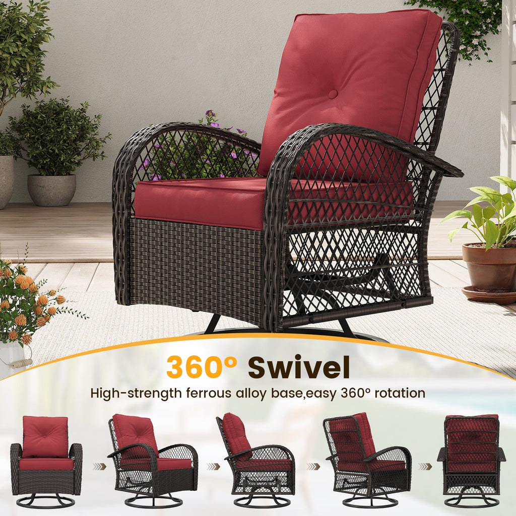 ELPOSUN 3 Pieces Patio Furniture Set, Outdoor Swivel Gliders Rocker, Wicker Patio Bistro Set with Rattan Rocking Chair, Glass Top Side Table and Thickened Cushions for Porch Deck Backyard