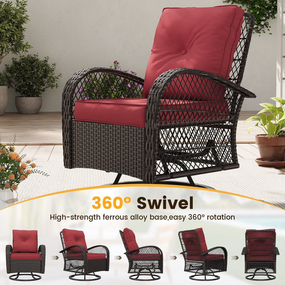 ELPOSUN 3 Pieces Patio Furniture Set, Outdoor Swivel Gliders Rocker, Wicker Patio Bistro Set with Rattan Rocking Chair, Glass Top Side Table and Thickened Cushions for Porch Deck Backyard