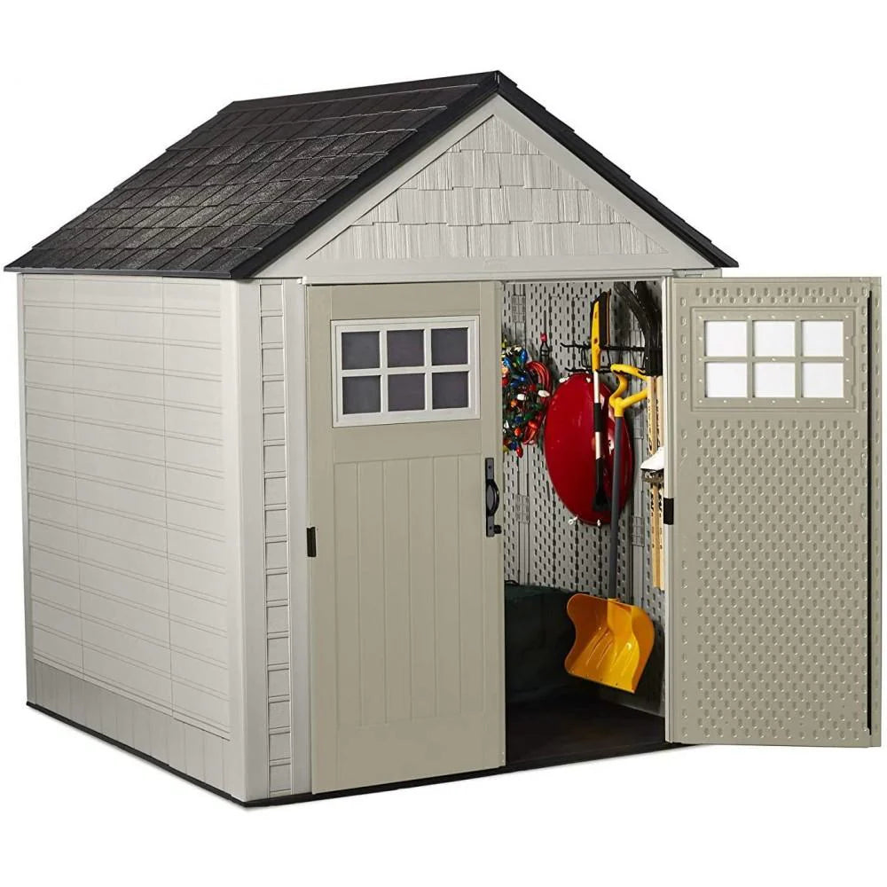 Rubbermaid 7×7 Ft Durable Weather Resistant Resin Outdoor Garden Storage Shed with Windows and Utility Hooks, Sand
