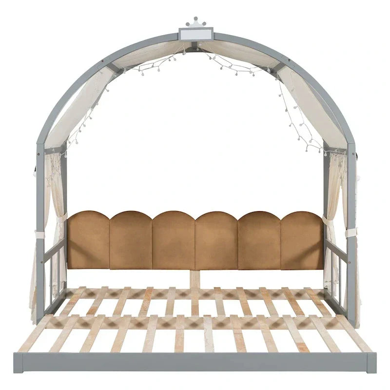 Gray Twin Bed with Arched Canopy and Trundle