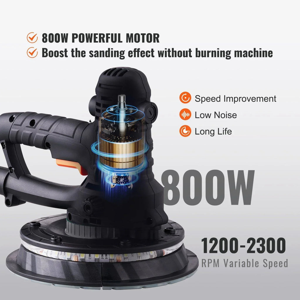 800W Electric Drywall Sander with Dust Extraction, Adjustable RPM 1200-2300, Brush Motor for Efficient Wall Sanding & Polishing