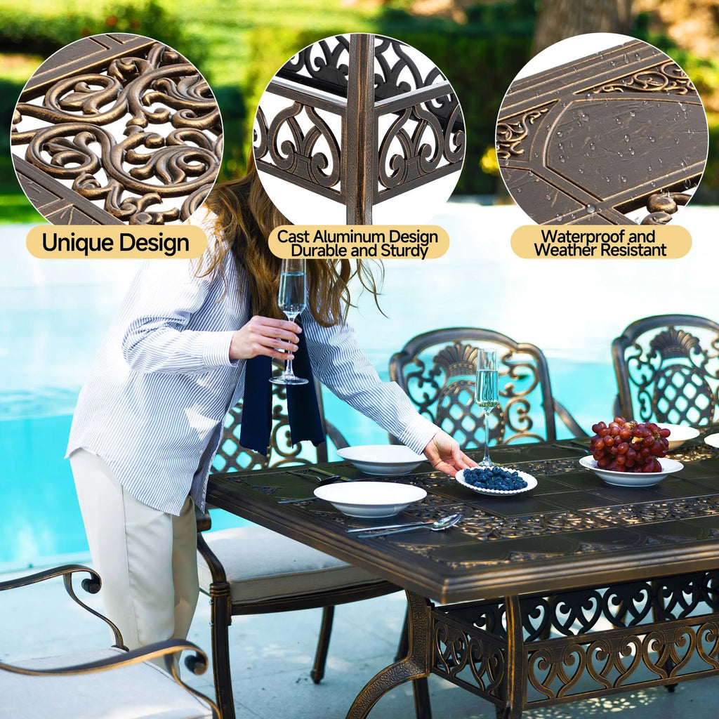 7 - Piece Patio Furniture Dining Set, All - Weather Cast Aluminum Outdoor Table and Chairs for 6, Includes 4 Dining Chair & 2 Swivel Chairs & 60 Rectangular Table, Beige
