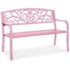Best Choice Products Outdoor Steel Bench Garden Patio Porch Furniture W/ Floral Design Backrest - Black