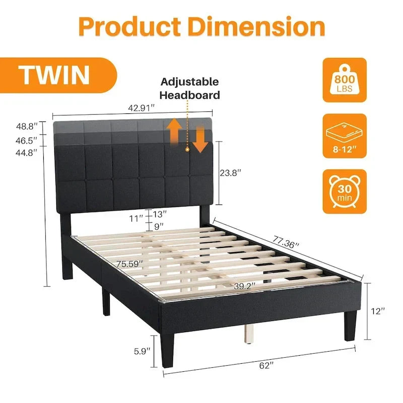 Modern Platform Bed Frame with Adjustable Headboard - Sturdy Geometric Upholstered Design with 800LBS Capacity and Solid Wooden Slats
