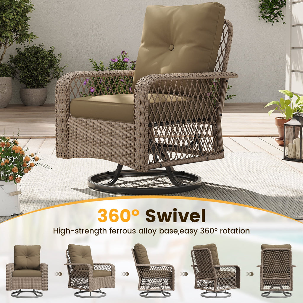 ELPOSUN 3 Pieces Patio Furniture Set, Outdoor Swivel Gliders Rocker, Wicker Patio Bistro Set with Rattan Rocking Chair, Glass Top Side Table and Thickened Cushions for Porch Deck Backyard