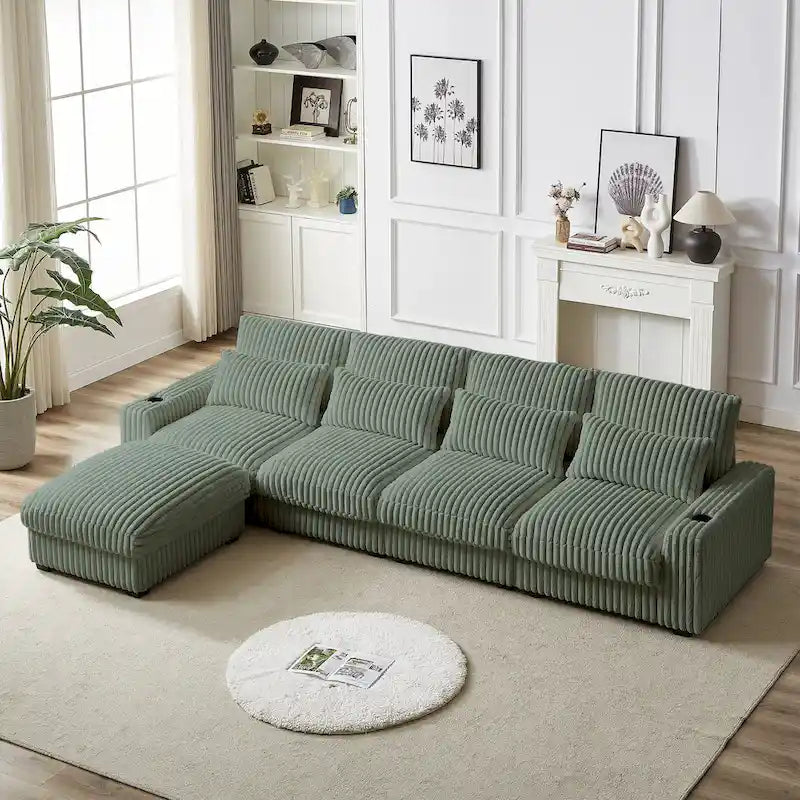 126W Large L-Shaped Corduroy Sofa with USB Charging Port